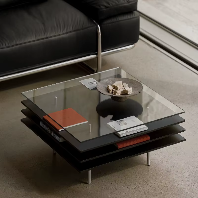 Table basse en verre noir avec rangement pour salon et hôtel