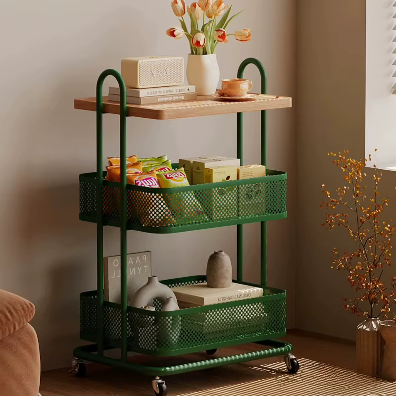 Tables d'appoint en métal et bois avec rangement sur roulettes