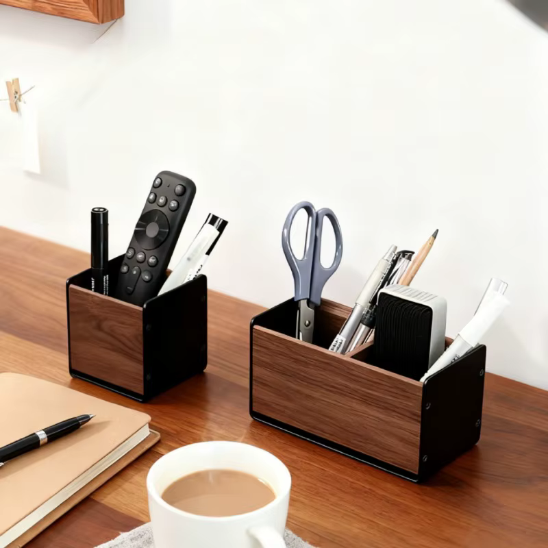 Organisateur de bureau en bois massif noyer avec supports en alliage d'aluminium – Rangement pratique pour fournitures