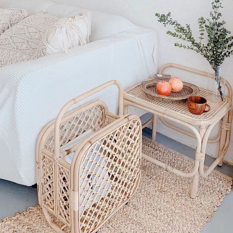 Panier de rangement en rotin et porte-revues sur pied