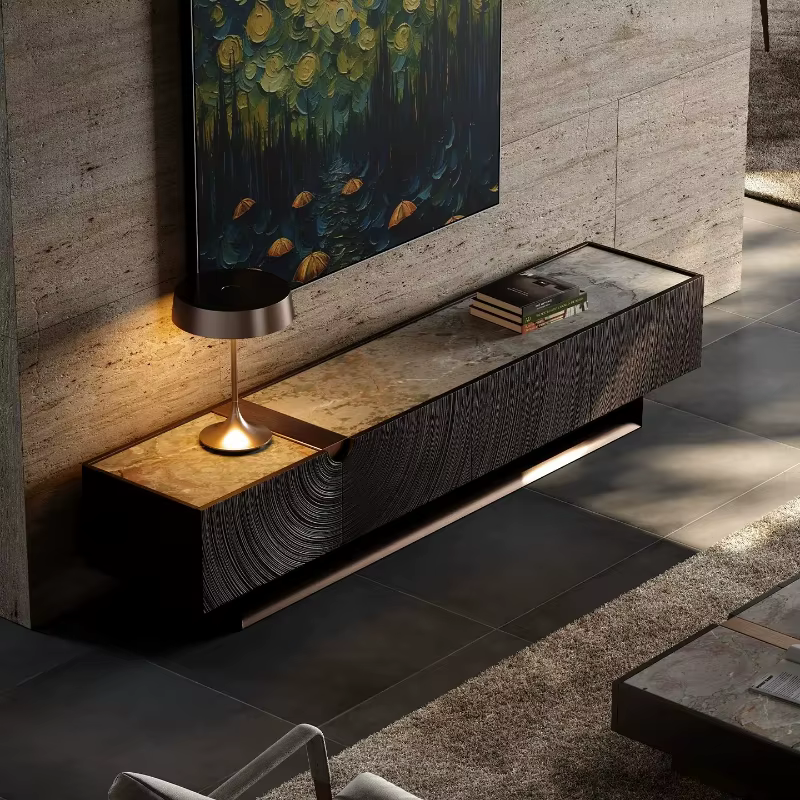 Meuble TV de salon vintage floral avec accent cannelé pour écran de divertissement