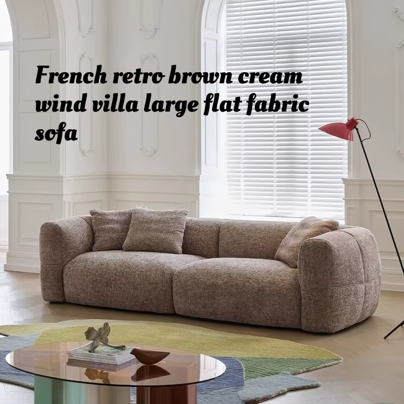 Canapé en tissu crème marron vintage français