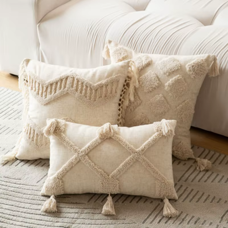 Bohème canapé taie d'oreiller Cojines Beige rayé peluche
