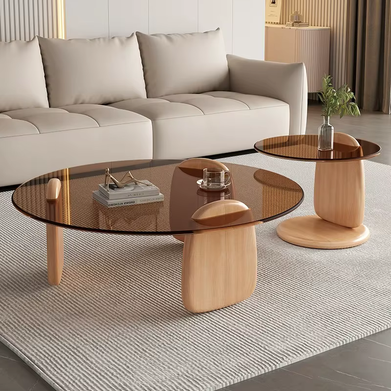 Table basse rétro en bois massif et verre