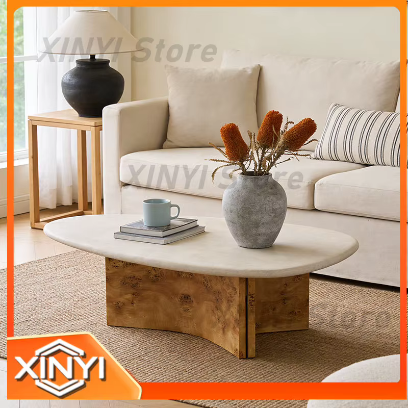Table basse en bois massif naturel et travertin