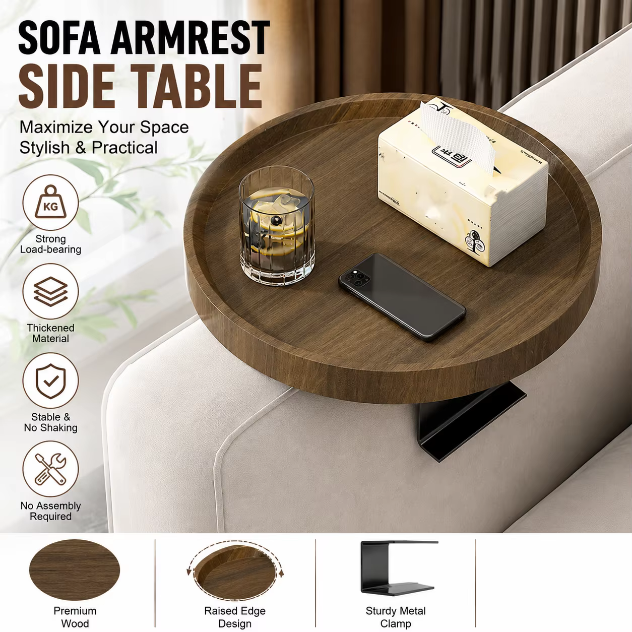 1 table d'accoudoir de canapé extensible moderne - plateau