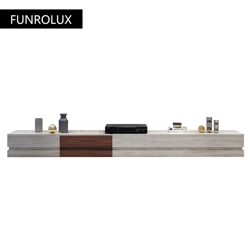 Pierre de grotte naturelle moderne trou blanc sculpté meuble TV et combinaison de table à thé ensemble bas armoire cabinetS-103G de sol