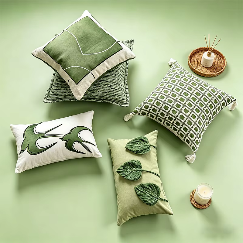 Housses de coussin vert sauge brodées d'oiseaux et de feuilles