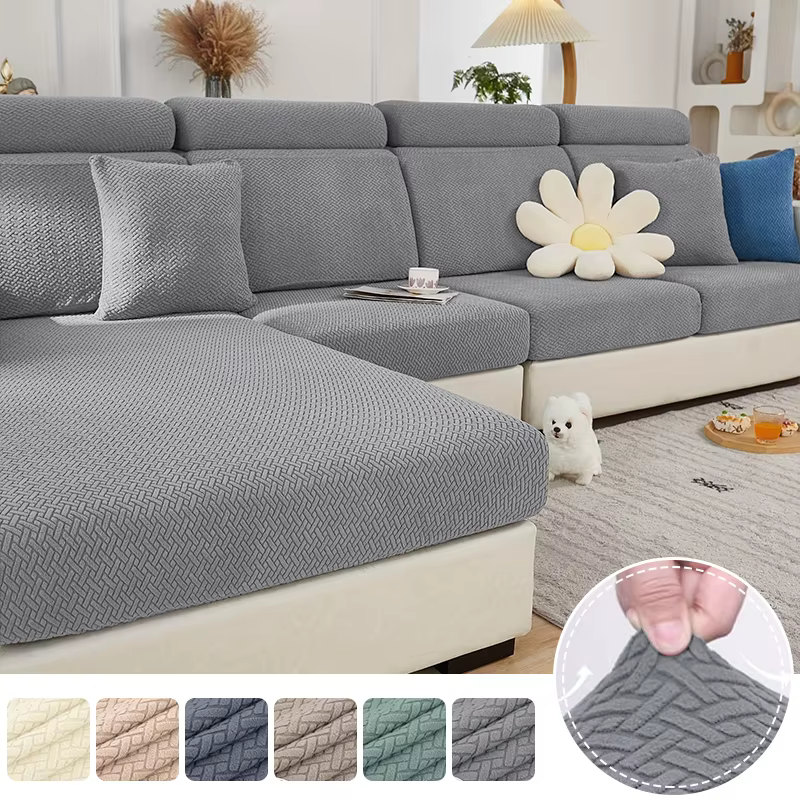 Housse de canapé jacquard premium en tissu élastique sergé uni