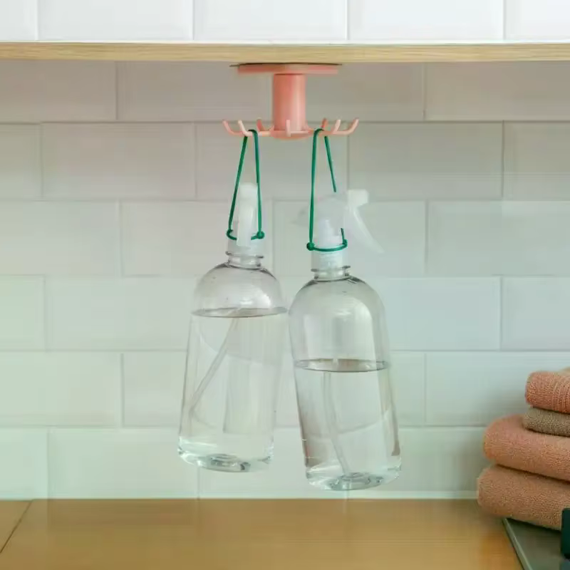 Support adhésif pour ustensiles de cuisine sous l'armoire avec rotation à 360° et 6 crochets pour le rangement