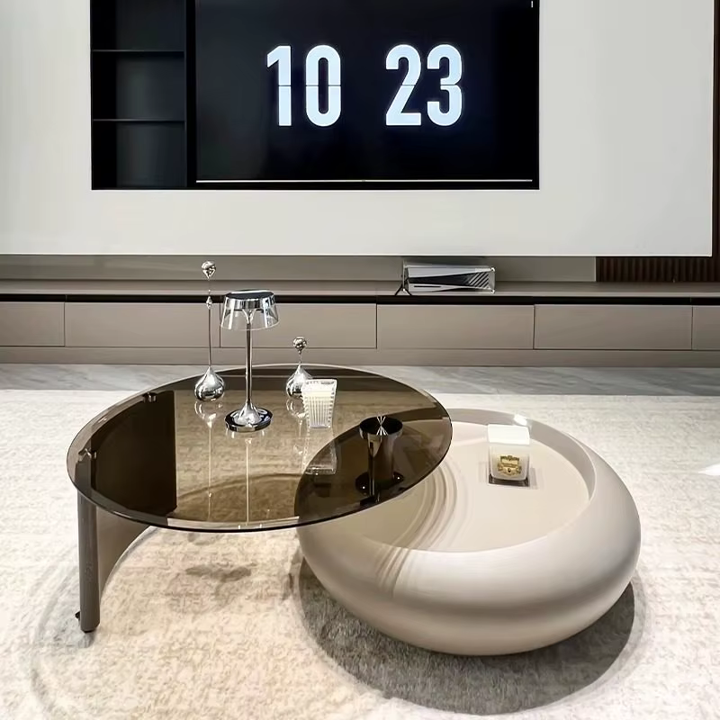 Table basse mobile sur roulettes en verre