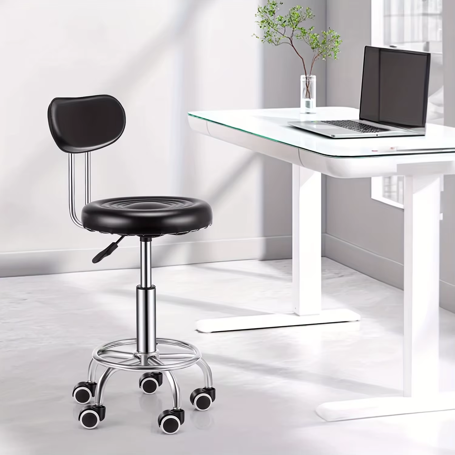 Tabouret de bar pivotant réglable avec dossier – Faux cuir contemporain et fer chromé