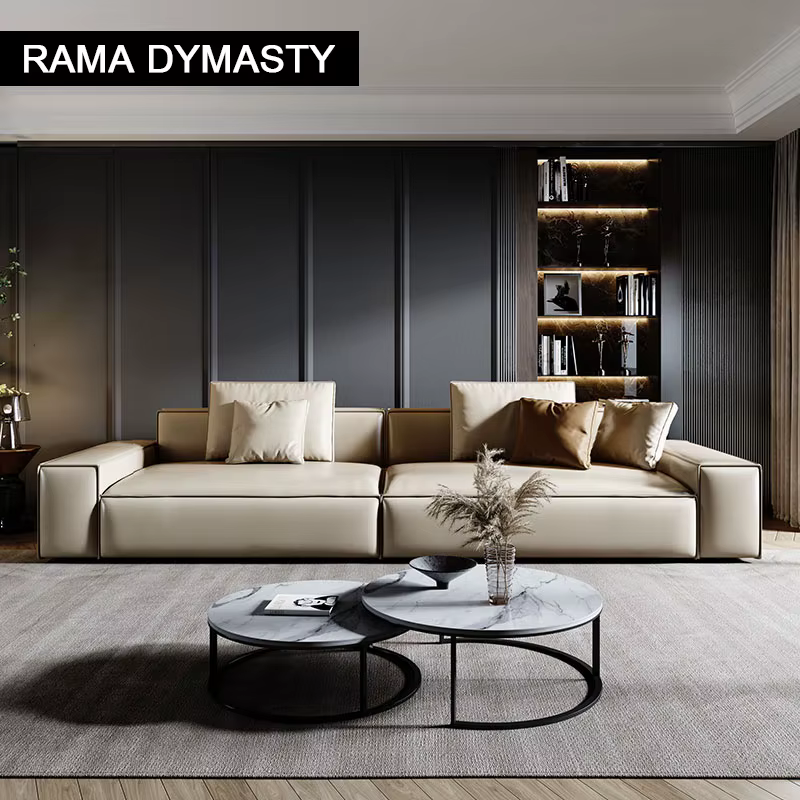 Canapé moderne rembourré en cuir véritable beige à 3 places avec oreillers