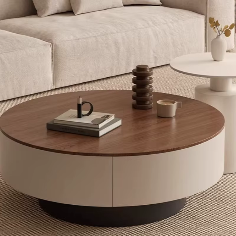 Table basse ronde moderne avec rangement dissimulé
