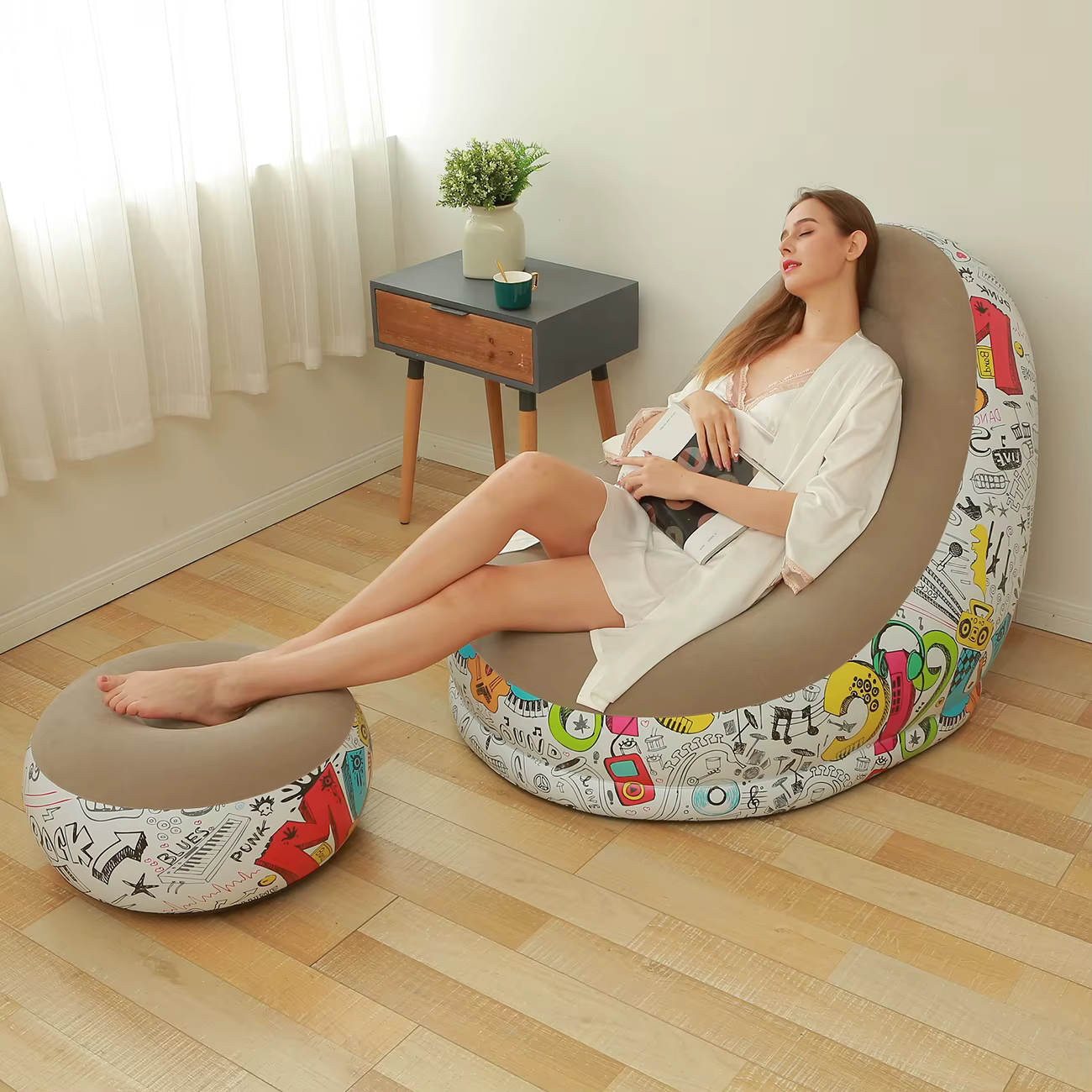 1 fauteuil pouf, canapé gonflable pliable floqué