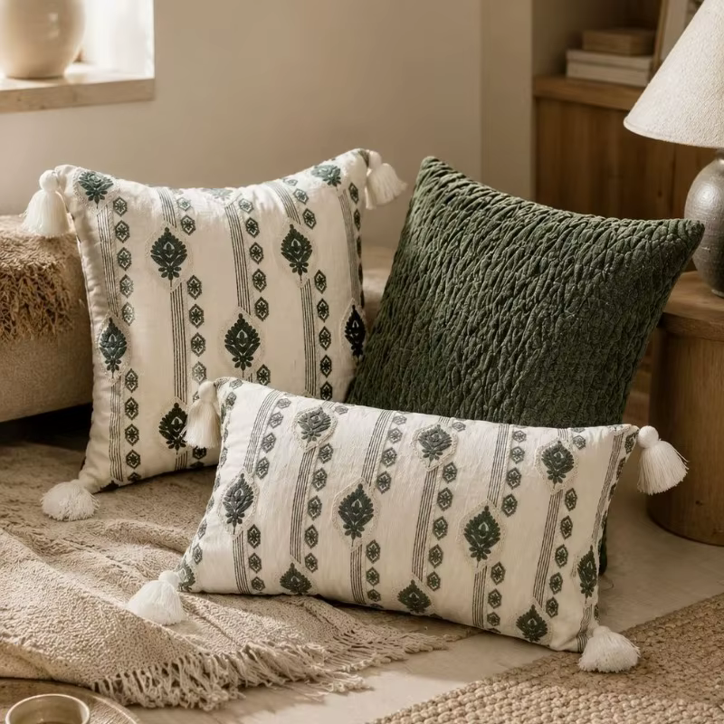 Housse de coussin bohème vert sauge et crème