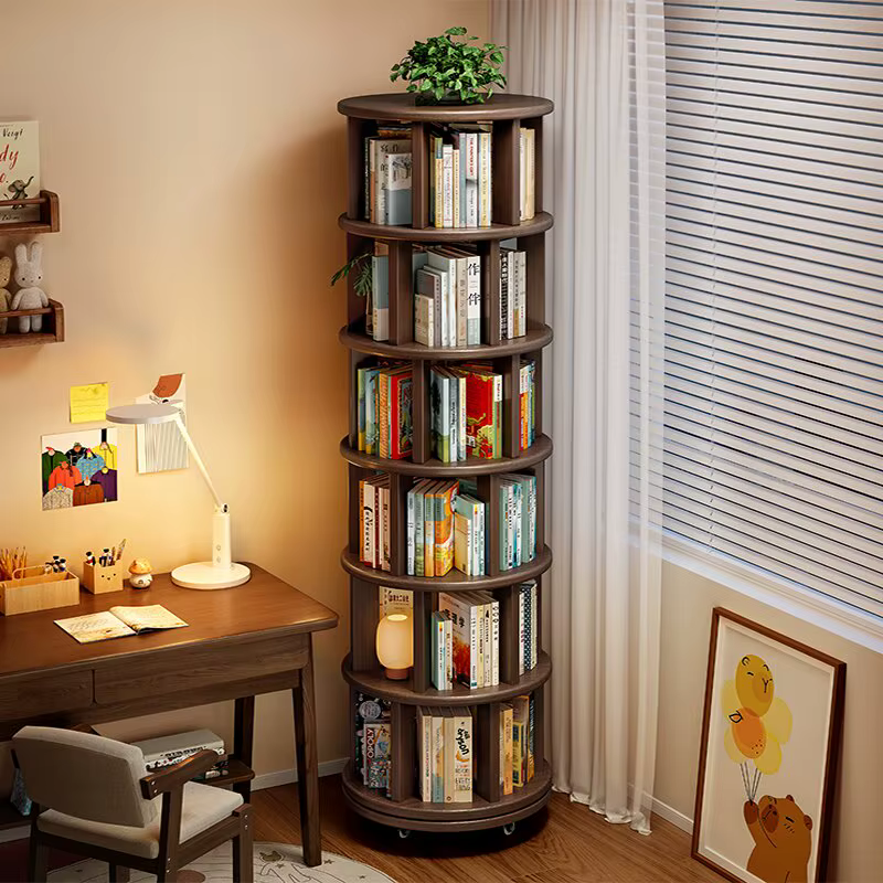 Bibliothèque rotative en bois massif avec roulettes