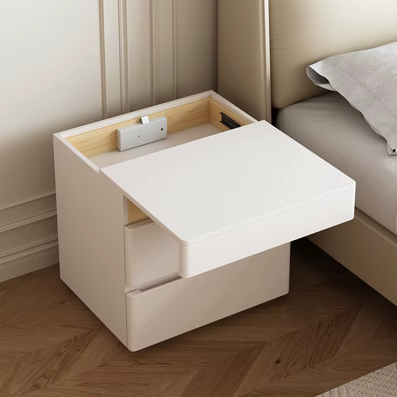 Table de chevet nordique crème avec compartiment secret sécurisé